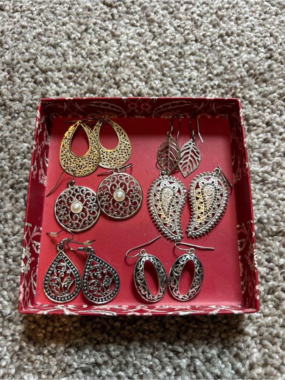 Gold and Silver Filigree Drop Earrings Set of 6 boho- Women's Jewelry